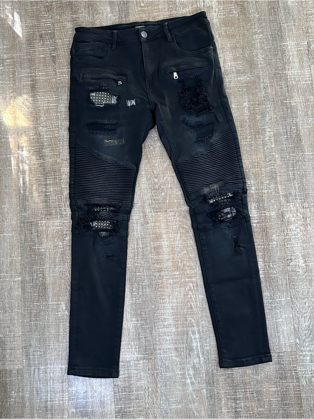 Men's Black Skinny Distressed Moto Jeans with Ribbed Knees